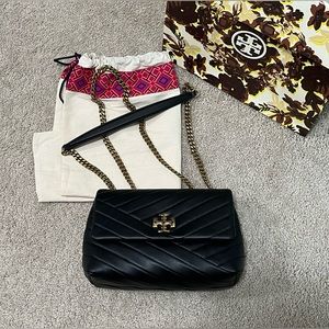Tory Burch Small Kira Chevron Convertible Shoulder Bag, Black with Rolled Brass